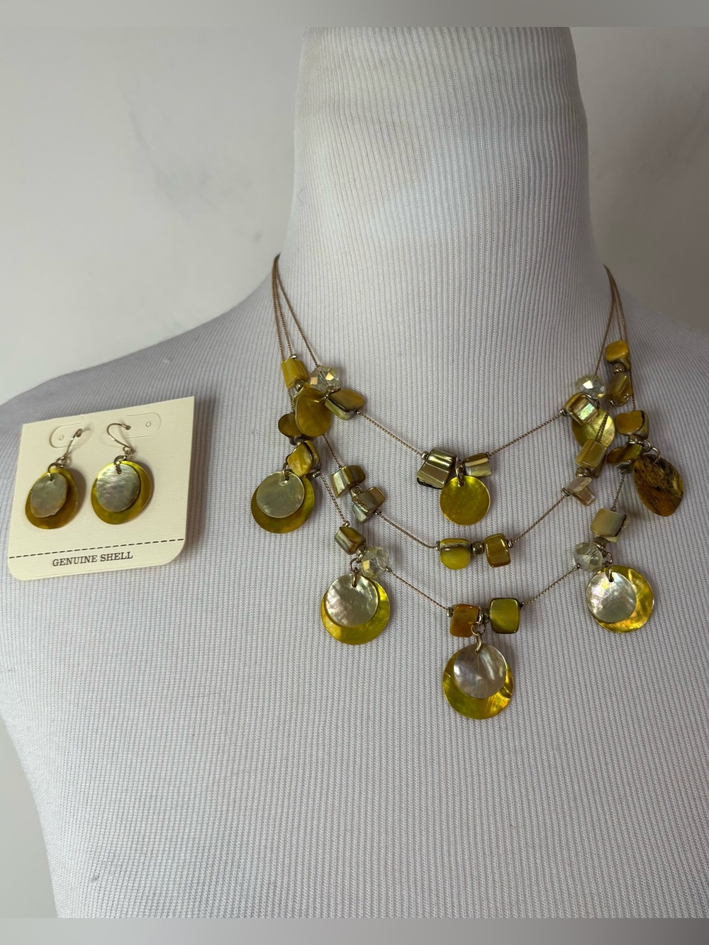 Yellow Mother of Pearl Shell Multi Strand Necklace & Earrings Set